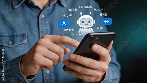 Person using smartphone with virtual translation robot assistant, global communication concept featuring multiple languages like English and French, breaking language barriers