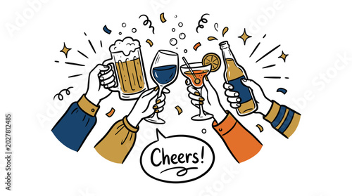 Festive vector illustration featuring hands holding beer, wine, cocktails, and bottled drinks with confetti and celebration doodle elements.