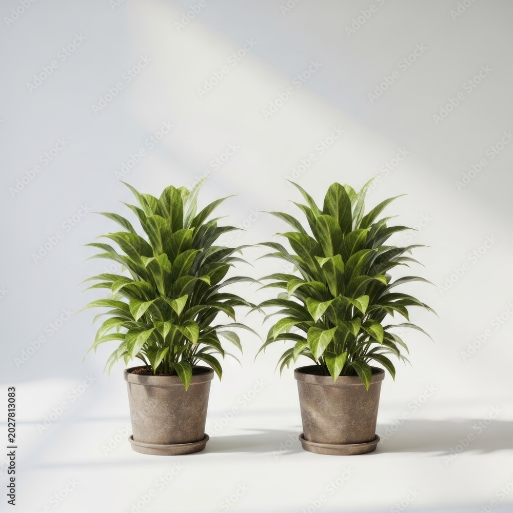 Fototapeta premium Two Lush Green Potted Plants Side by Side on a White Surface.
