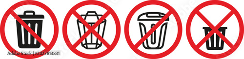 Foto Set of Red Prohibited Trash Can Icons with Crossed Out Symbols for Digital Media