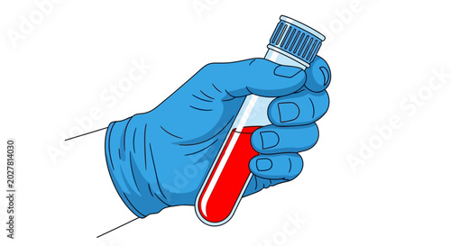 Medical glove, hand holding test tube, blood sample, laboratory vector icon