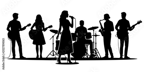 Canvas Print Silhouette of a diverse live music band performing on stage