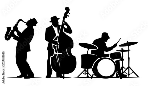 Tableau sur toile Solid black vector silhouettes of a three-piece live jazz band group featuring a saxophone player, a double bass player, and a drummer