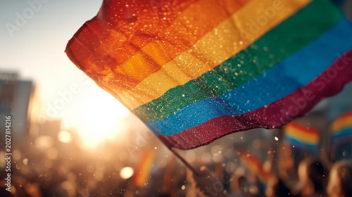 Vibrant Pride Parade Celebration Illuminated by Sunlight and Rainbow Flags Waving in Unity