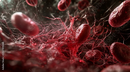 medical visualization of wound healing process, blood components in motion, red cells and fibrin network forming a clot, microscopic view