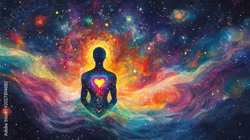 hand drawn illustration of a figure with glowing heart chakra, connected by colorful energy waves to a swirling universe background
