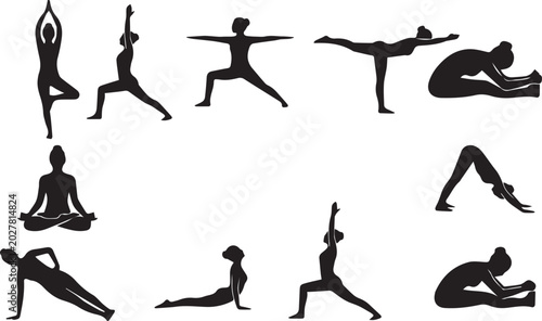Fotografie Set of female silhouettes practicing standard yoga poses, meditation positions,