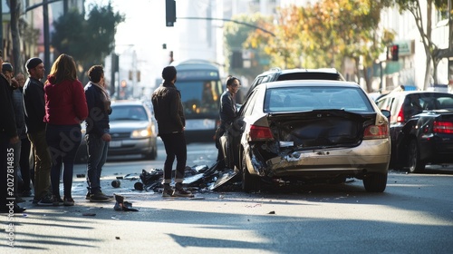 fender bender accident during busy city commute, concerned pedestrians watching as drivers inspect vehicle damage, urban environment in the background