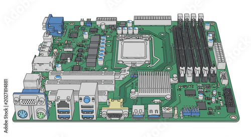 Computer motherboard with VGA and USB ports on green circuit board