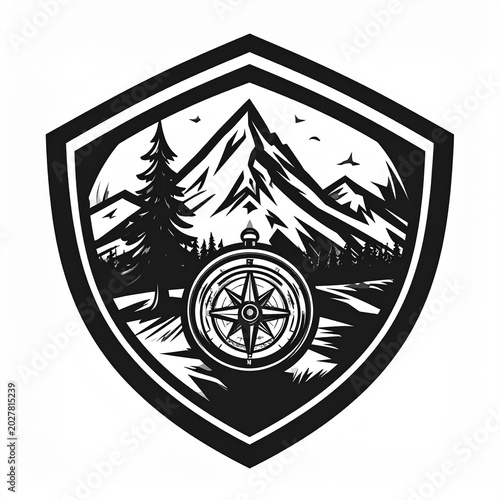 Mountain Adventure Compass Badge in Black and White Vector Shield Design
