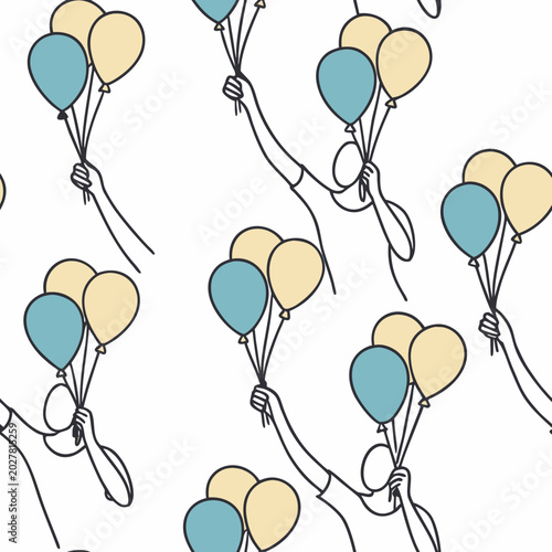 Seamless pattern with line art human hands holding bunches of balloons on a white background, joyful festive mood, blue yellow beige palette, minimalist abstract illustration style.
