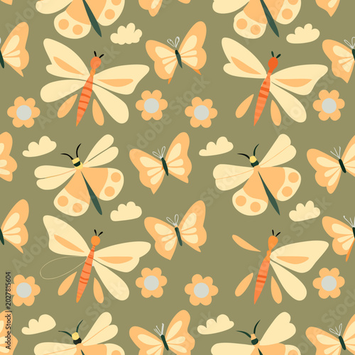 Butterflies and flowers pattern with soft colors on a muted background for fabric design