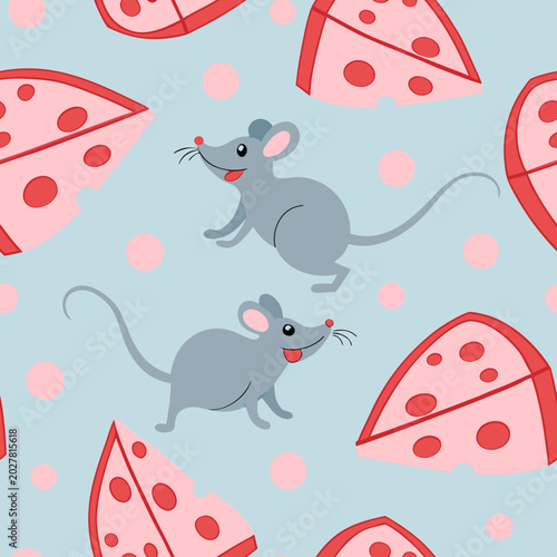 Cartoon mice playing with slices of cheese on a patterned blue background