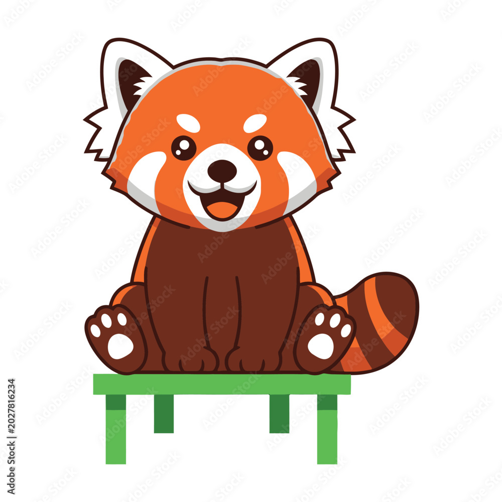 Fototapeta premium Red panda sitting on green bench cartoon illustration