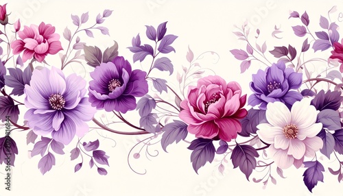 Delicate pink and purple cherry blossoms seamless floral pattern vector illustration on white background
