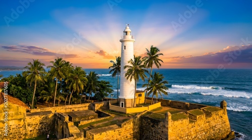 Historic White Lighthouse at Sunset on Tropical Coast of Sri Lanka
