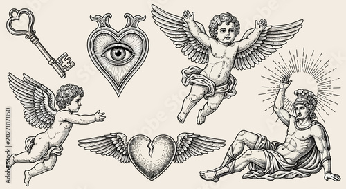 Bild auf Leinwand Vintage cherub, angel, heart, and key tattoo designs, black line art illustratio