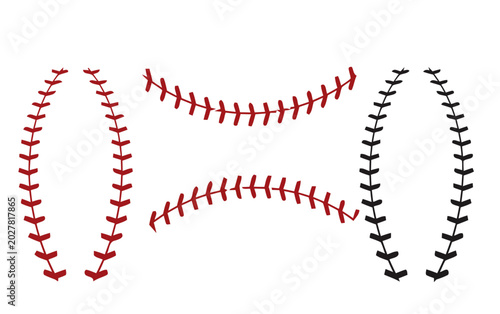 Baseball stitching, red and black seams, sports vector graphics, athletic stitch patterns, baseball design elements