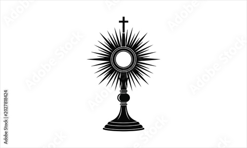 Black and white illustration of a single monstrance with a cross holy sacrament religious object