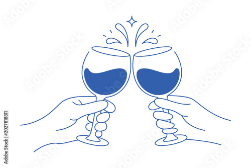 Two hands holding wine glasses clinking together for a toast with blue line on a clean white background