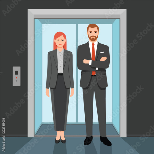 Business people standing in elevator, professional man and woman in suits, office workers in corporate lift, vector illustration