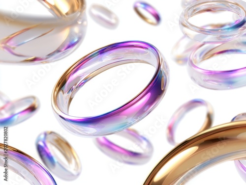 Abstract Rings: A collection of translucent rings, shimmering with iridescent hues and reflective surfaces, float and tumble in a dynamic composition against a clean background.