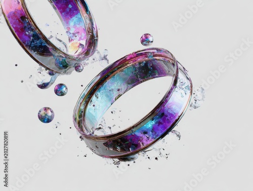 Iridescent Rings in Water: Two ethereal rings with mesmerizing iridescent patterns are suspended in water, with droplets splashing and small bubbles floating around them.