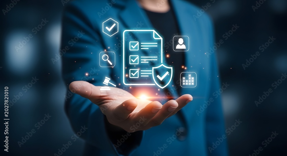 Naklejka premium Person holding a glowing document with checkmarks and a shield symbol on an open palm, representing compliance, regulations, legal documents, assurance, data