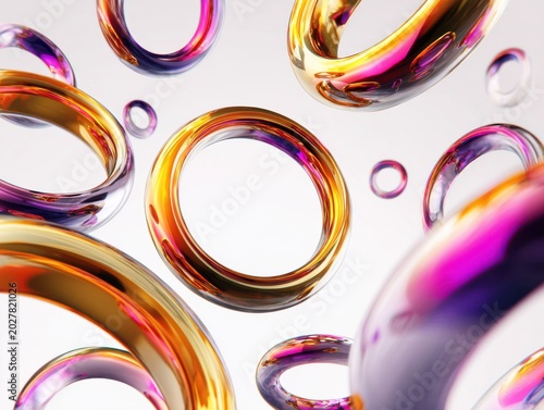 Iridescent Rings Ascending: A cascade of shimmering, iridescent rings, in hues of gold, purple, and pink, float upwards against a softly lit backdrop, creating a mesmerizing abstract display.