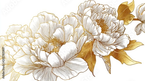 20.Sophisticated floral vector design of a peony in golden line art, delicate contours, gold foil texture effect, white background, elegant and timeless decorative style