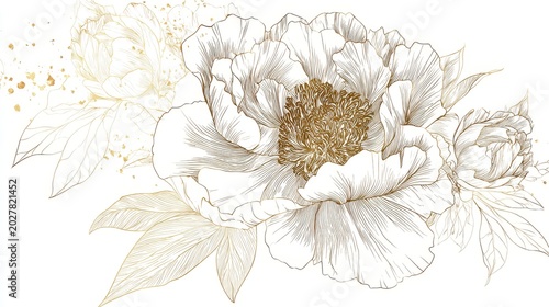 20.Sophisticated floral vector design of a peony in golden line art, delicate contours, gold foil texture effect, white background, elegant and timeless decorative style