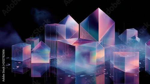 crystalline, geometric, forms, neon, gradient, abstract, glowing, crystal