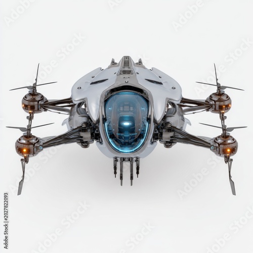 Futuristic Drone Concept: A sleek, advanced drone with a futuristic design, featuring multiple rotors and a transparent cockpit, hovers ready for exploration.
