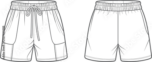 Quadro su tela Men’s casual drawstring shorts flat fashion sketch, elastic waist pocket shorts