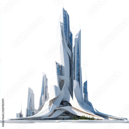 Futuristic Architectural Marvel: An avant-garde skyscraper complex exemplifies cutting-edge architectural design, featuring sleek, futuristic contours and towering spires that pierce the sky.