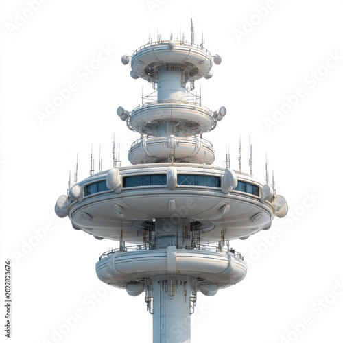 Futuristic Communications Tower: A marvel of modern engineering, this sleek, multi-tiered tower with its array of antennas and observation decks stands tall.