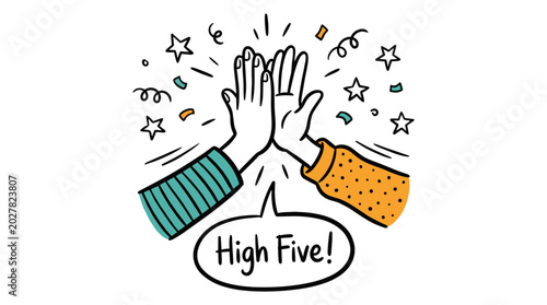 High Five Celebration Hand Drawn Vector Illustration for Teamwork Success and Achievement