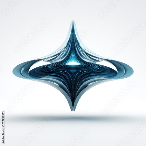 Abstract Geometric Sculpture: A futuristic, crystalline sculpture with intricate, layered patterns and a luminous blue core evokes a sense of modern art and technological innovation.