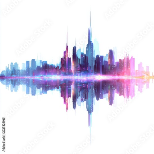 Abstract Cityscape Reflection: A vibrant, abstract cityscape with colorful, elongated skyscrapers is mirrored in a distorted reflection below, creating a dynamic visual of urban energy.