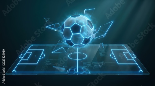 Futuristic Digital Soccer Field with Glowing Ball and Geometric Elements