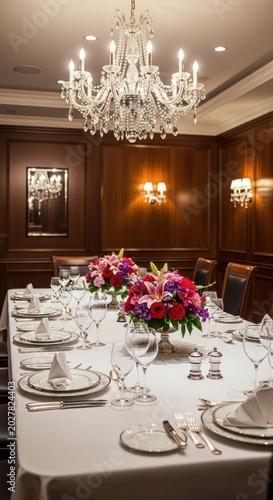 Elegant dining table set for a formal dinner party with crystal chandelier and flower centerpieces in a luxury wooden panelled dining room