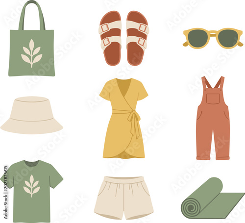 Minimalist Earth Tone Summer Fashion and Lifestyle Vector Icon Set with Linen Dress, Sandals, Tote Bag, Sunglasses, Overalls, and Yoga Mat