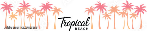Fotografia Tropical beach palm tree illustration, summer holiday travel background, sunset