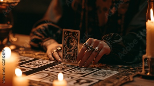 Hands of fortune teller reading tarot cards by candlelight