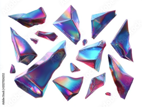 Iridescent Crystal Shards: A collection of sharp, iridescent crystal shards scattered across a clean surface, reflecting a spectrum of vibrant colors with a futuristic, abstract aesthetic.