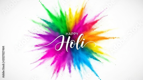 Vibrant holi celebration with colorful powder explosion and happy holi text