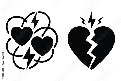 Fotografie Collection of broken heart icons and stormy weather signs for heartbreak themes