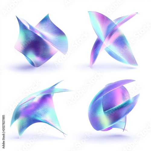 Iridescent Abstract Forms: Four captivating iridescent abstract shapes, rendered in shades of blue, purple, and pink, create a mesmerizing visual display with their fluid, organic contours.