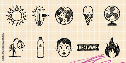 Obraz na plátně Black ink scribble doodle vector vintage hand drawn set of summer cool fan wind