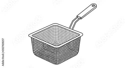 Fotografie Wire mesh frying basket with handle.